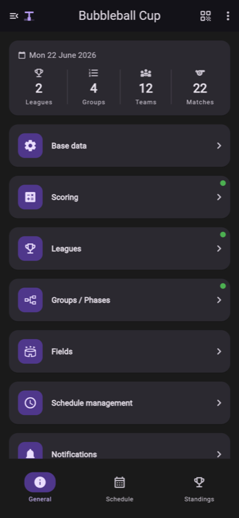 Tournament overview screen in dark mode