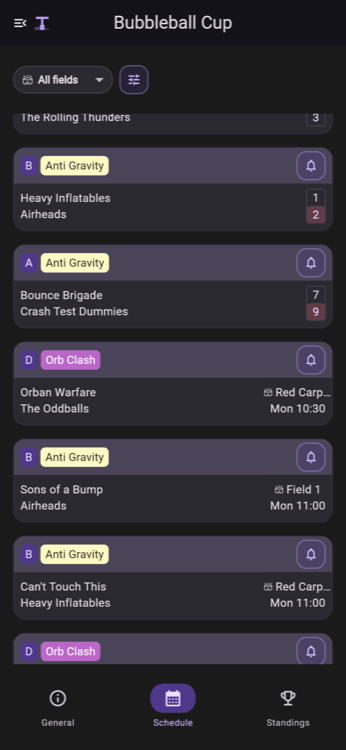 Match schedule screen