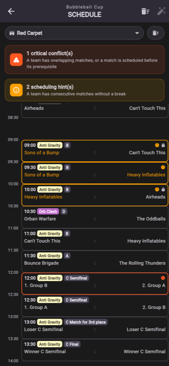 Schedule management and editing screen